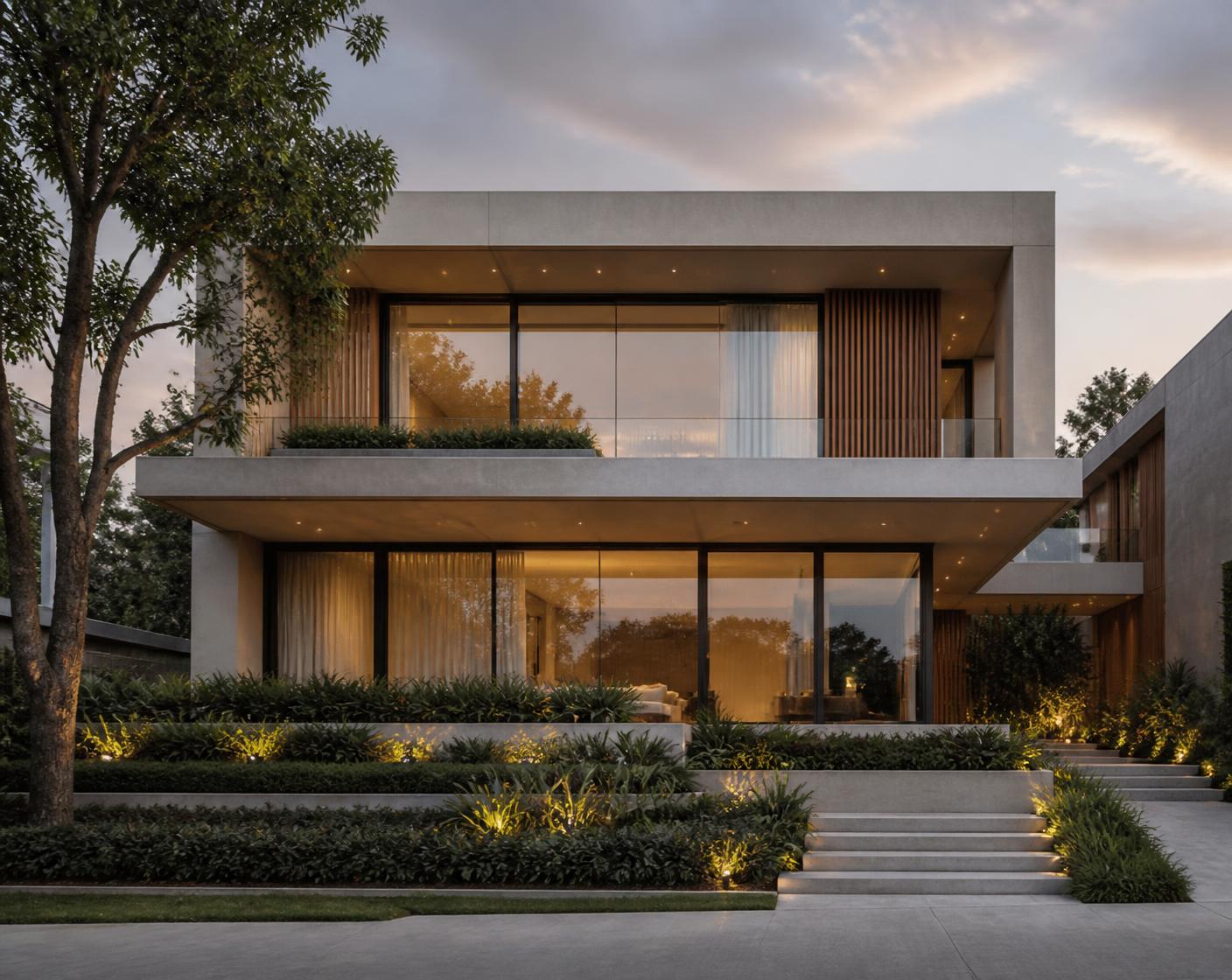 Modernes kubisches Wohnhaus mit klarer Architektur im Abendlicht